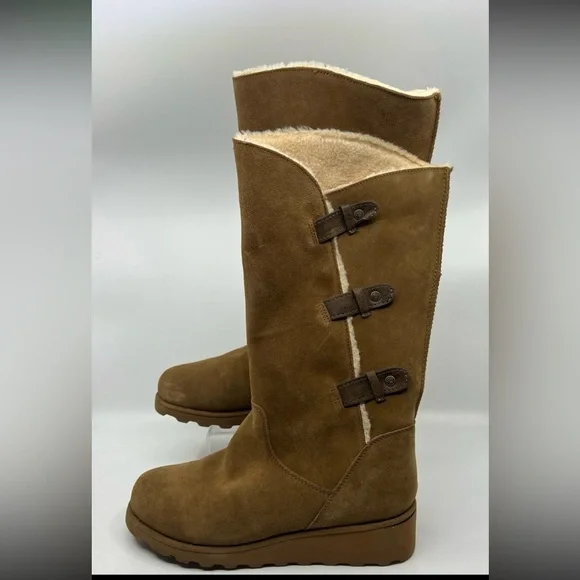 Bearpaw Hayden Tan Suede Boots Buckle Sheepskin Wool Women's Sz 9 - Picture 1 of 5